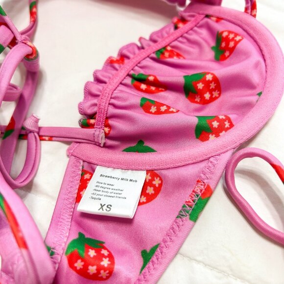 Strawberry Milk Mob Fragola Bikini Set Pink Strawberry Print EUC XS - Picture 7 of 7